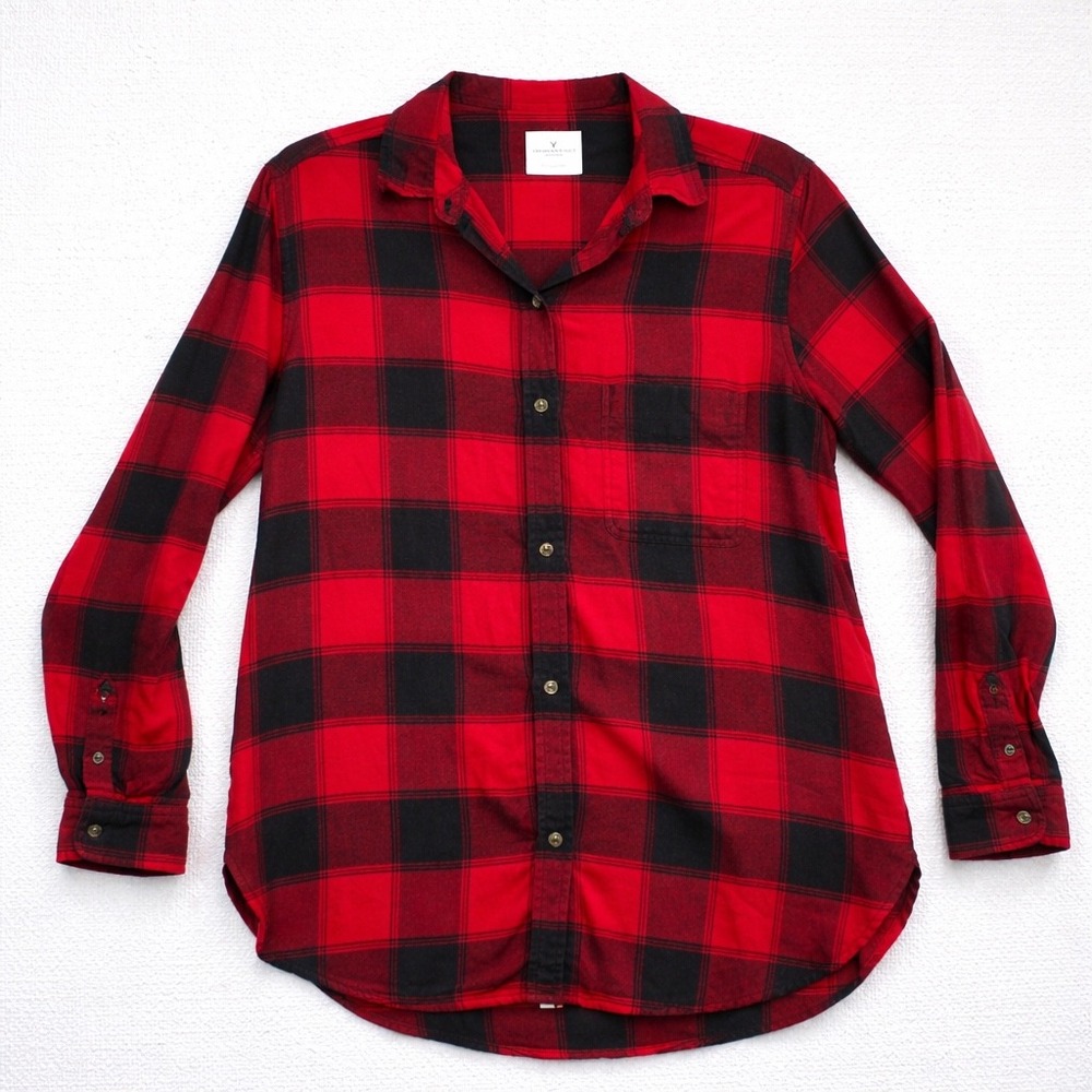 American Eagle Red Black Buffalo Plaid‎ Flannel Shirt Womens Boyfriend Fit Large